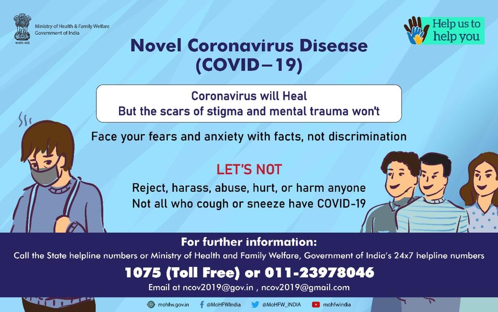 MoHFW_INDIA's tweet photo. #IndiaFightsCorona:

Coronavirus doesn't discriminate, why should we? 

Break the stigma.
Let us fight #COVID19 together.  
Share this information and help us to help you. 

 #CoronaOutbreak
#SwasthaBharat
#HealthForAll #Lockdown21 https://t.co/WK6dPRX09A
