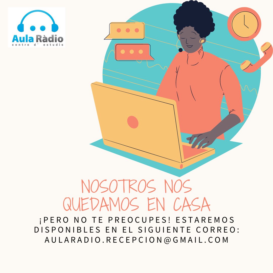 aula_radio's tweet photo. Por favor #quedatencasa para que pronto todos volvamos a la normalidad. Hemos habilitado un correo electrónico para que sigas en contacto con nosotros y puedas resolver todas tus dudas: aularadio.recepcion@gmail.com https://t.co/ty1z79P9c6