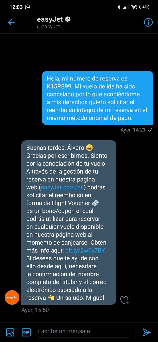 alvaro0202's tweet photo. @AesaSpain, me he puesto en contacto con @easyJet y sólo me ofrecen reembolso de mi vuelo en forma de bono. ¿Están incumpliendo el Reglamento (CE) 261/2004? https://t.co/Sw9MuVnRhe