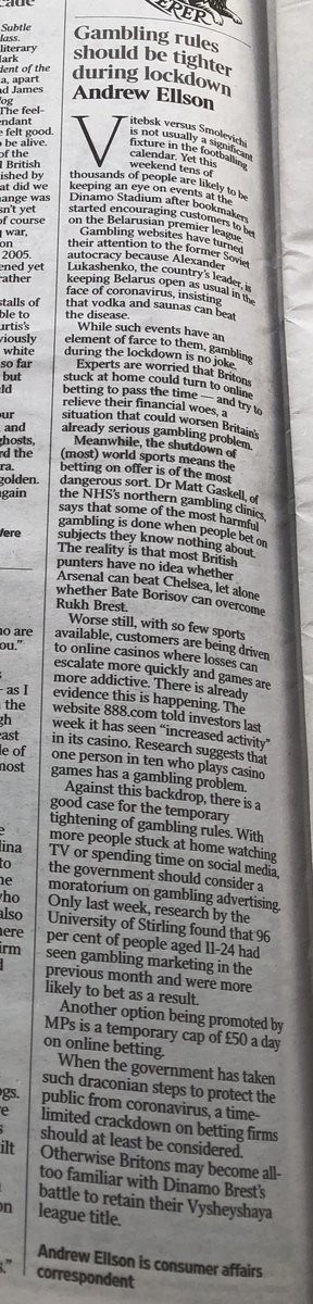 HBowdenJonesOBE's tweet image. Great opinion piece by ⁦@andrewellson⁩ in ⁦@the times⁩ today. 96% of 11-24 yr olds had seen gambling ads in past month and were more likely to gamble. 
Let’s do our bit to protect them.  How about stopping all gambling ads during lockdown starting today?