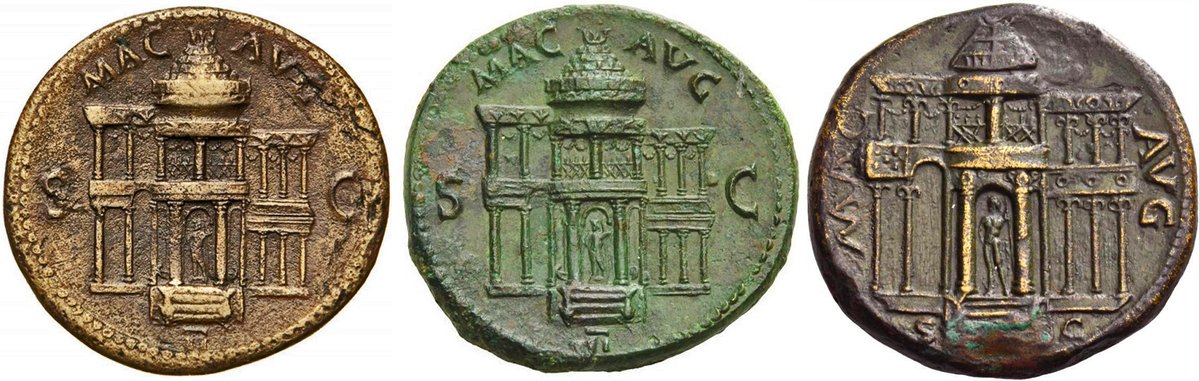 The Macellum Magnum or "Great Market" of Nero, constructed on the Caelian Hill in 59 AD. Shown here in remarkable detail on dupondii coins of Nero, the two-storey colonnaded market complex can be seen with its central circular tholos topped by an impressive dome.  #LostRome