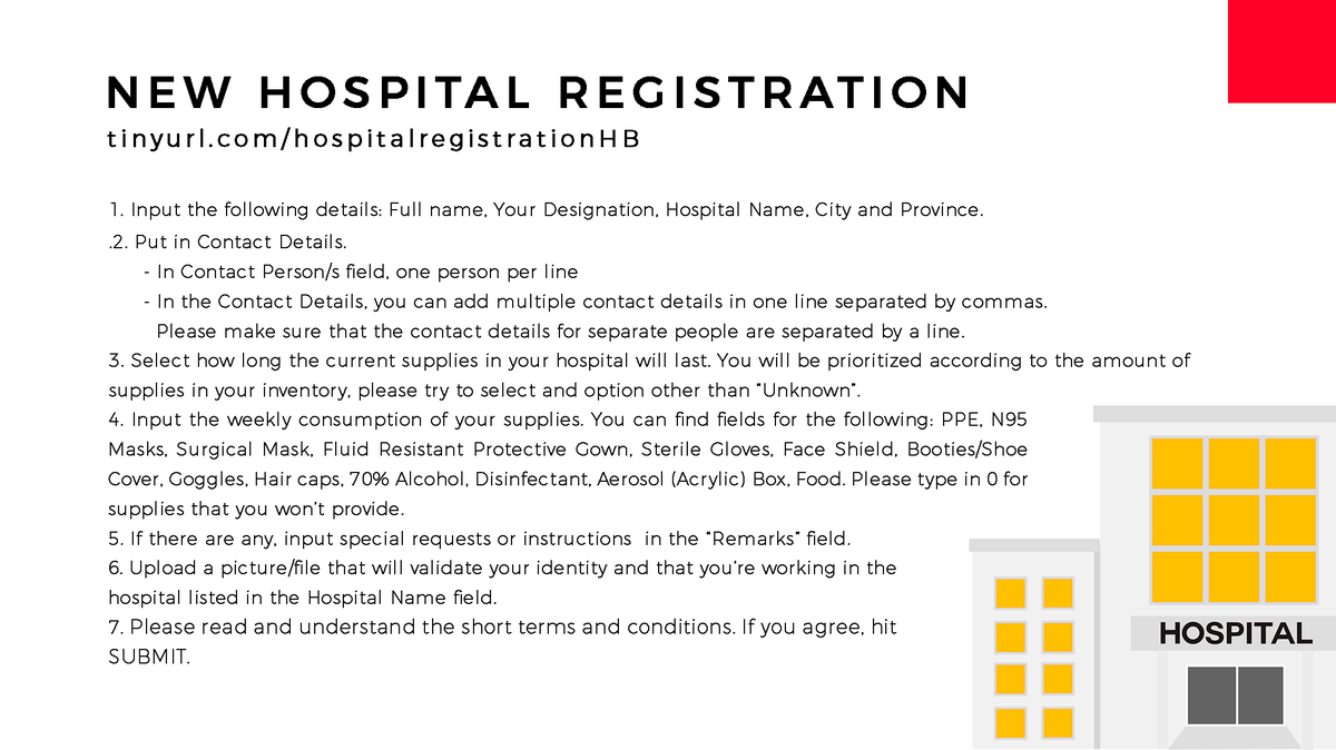 HospitalBayani's tweet photo. Having trouble with our forms? Here's a comprehensive guide for you!
New Hospital Registration: https://t.co/r94TKC0KFj
Update Data for Existing Hospitals: https://t.co/PTn0wHJ1b6
Donor Fulfillment Recording Form:  https://t.co/CgNeDQKg2o

#HospitalBayanihan
#MassTestingNowPH https://t.co/CYFQ5jCVbW