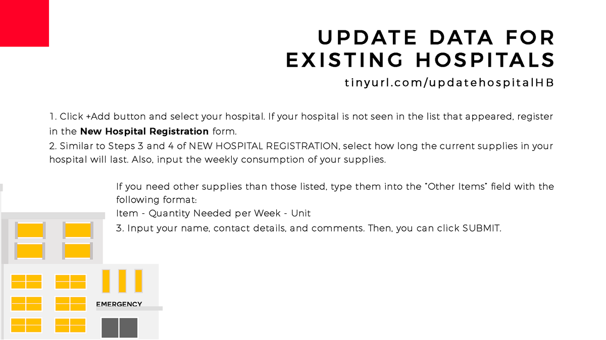 HospitalBayani's tweet photo. Having trouble with our forms? Here's a comprehensive guide for you!
New Hospital Registration: https://t.co/r94TKC0KFj
Update Data for Existing Hospitals: https://t.co/PTn0wHJ1b6
Donor Fulfillment Recording Form:  https://t.co/CgNeDQKg2o

#HospitalBayanihan
#MassTestingNowPH https://t.co/CYFQ5jCVbW