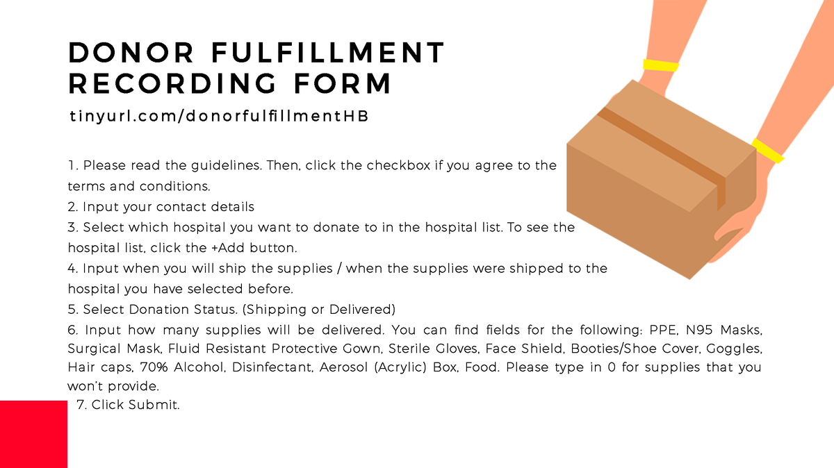 HospitalBayani's tweet photo. Having trouble with our forms? Here's a comprehensive guide for you!
New Hospital Registration: https://t.co/r94TKC0KFj
Update Data for Existing Hospitals: https://t.co/PTn0wHJ1b6
Donor Fulfillment Recording Form:  https://t.co/CgNeDQKg2o

#HospitalBayanihan
#MassTestingNowPH https://t.co/CYFQ5jCVbW