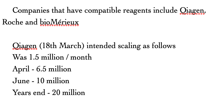 Internationally 3 major companies seem to produce this reagent. Qiagen's scaling plans to ramp up production are below but this is a tiny fraction of the increase in demand. To save millions of lives its essential that the manufacturing process is revealed and open sourced /3