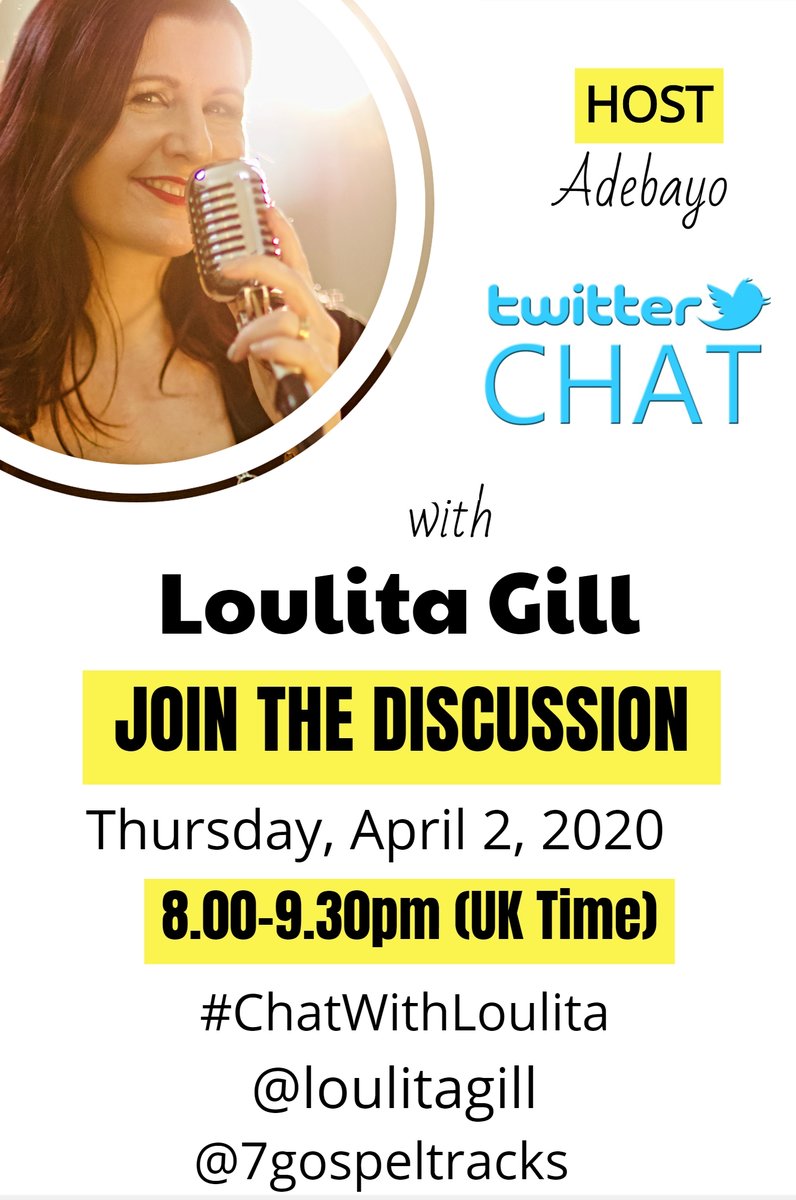 7gospeltracks's tweet photo. Join #ChatWithLoulita this Thursday, 2nd of April 2020. Our guest is #Bristol based #gospelmusic artist @loulitagill 

The time is 8.00 pm (UK Time)

#7GTCHT #Gospel #WednesdayWisdom https://t.co/vGu2yN74tP