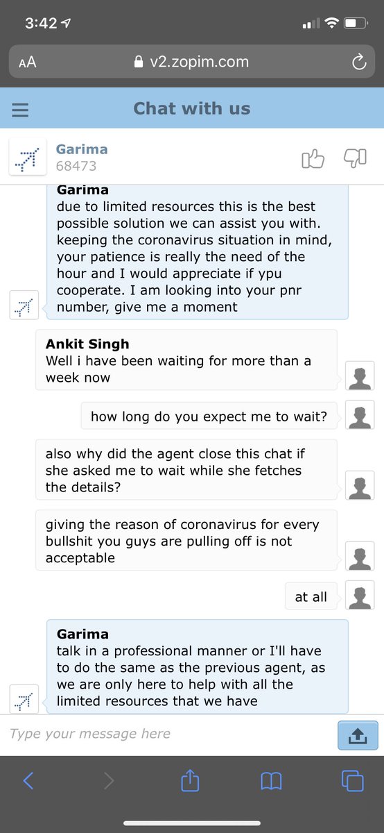7a13ew1's tweet photo. @IndiGo6E So this is the service I’m being provided for being a loyal customer. This has happened twice now and it’s a very bad way to treat a customer. Giving reason of coronavirus for leaving the chat when the agent has asked to wait till they fetch the details is unacceptable. https://t.co/nK6ka6NwxE