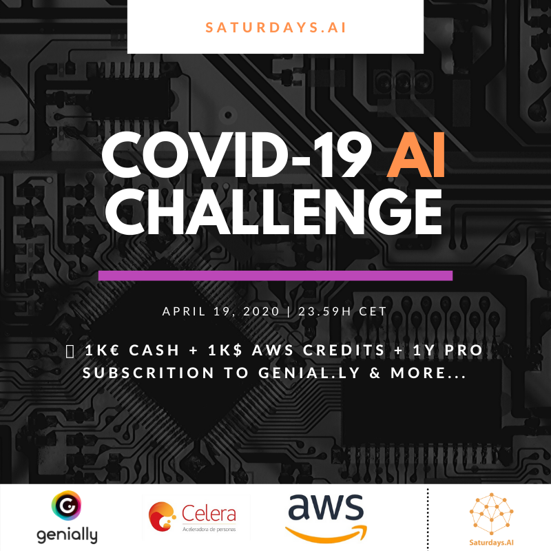 ❗️We extended the deadline of the #Covid19AIChallenge to fight the #coronavirusoutbreak using #artificialintelligence:

 🏆1k€ cash + 1k$ in AWS credits + more... to the best proposal.
⌛ Deadline April 19th 2020.
⚡ Register here: saturdays.ai/covid19/