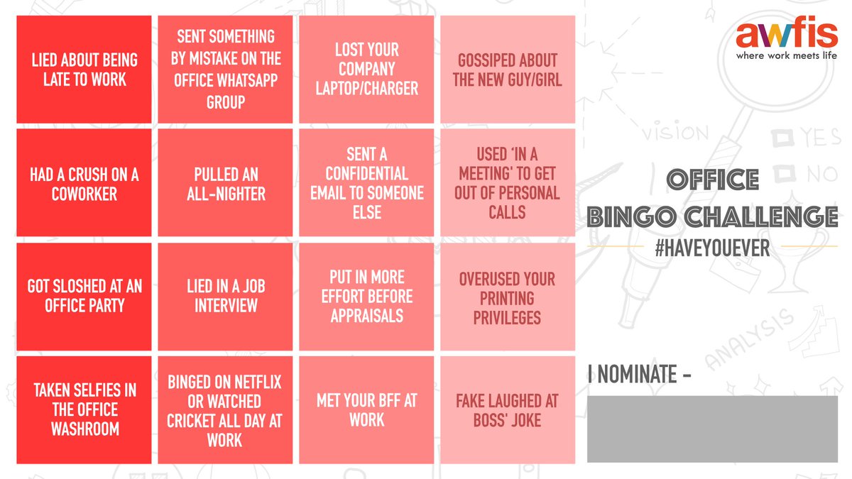 myawfis's tweet photo. Missing out on some office fun? Just follow the simple steps for some #AwfisFun!

1. Screenshot this post⁣ 📱
2. Take the challenge and post it on your timeline. 
3. Nominate/Tag your friends and tag us as well.⁣ 👥

#BingoChallenge #HaveYouEver https://t.co/EFmPIGbkd2