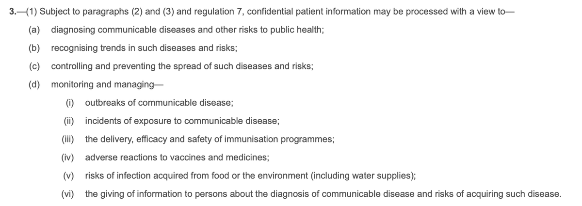 the notice is issued under Regulation 3(4) of the Health Service Control of Patient Information Regulations 2002 (COPI). Here are the relevant bits of the legislation