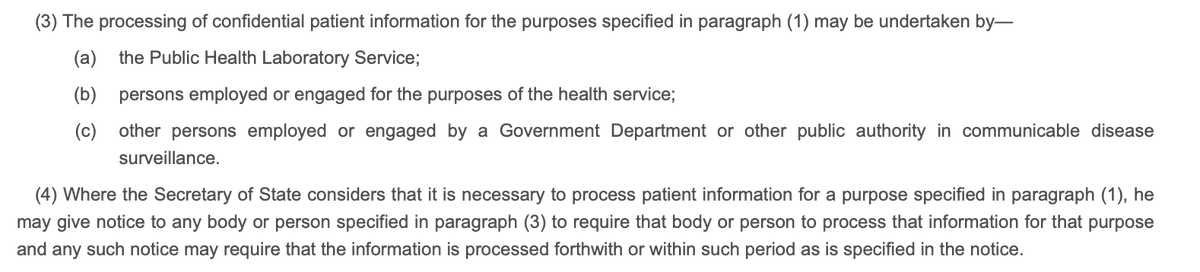 the notice is issued under Regulation 3(4) of the Health Service Control of Patient Information Regulations 2002 (COPI). Here are the relevant bits of the legislation