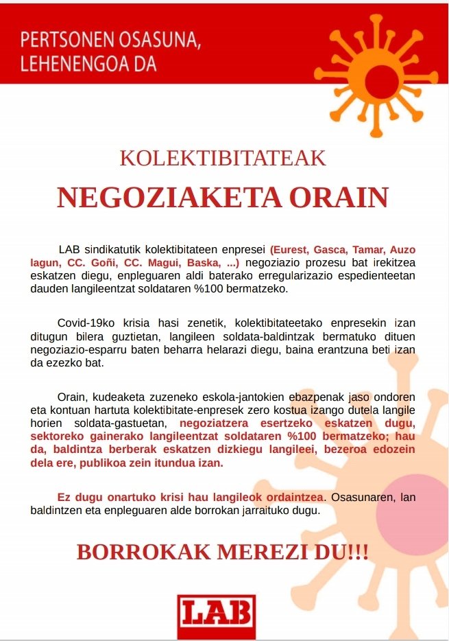 Negoziaketa orain!!! Kokektibitateetako enpresak 100% langileen soldatak bermatu behar dituzte. EZ dugu onartuko krisi hau langileak ordaintzea!!! <a href="/LABsindikatua/">LAB SINDIKATUA</a>