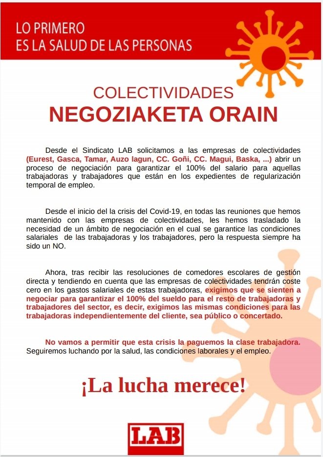 Negoziaketa orain!!! Las empresas de colectividades tienen que garantizar el 100% del salario. NO vamos a aceptar que esta crisis la paguen las trabajadoras. 
<a href="/LABsindikatua/">LAB SINDIKATUA</a>