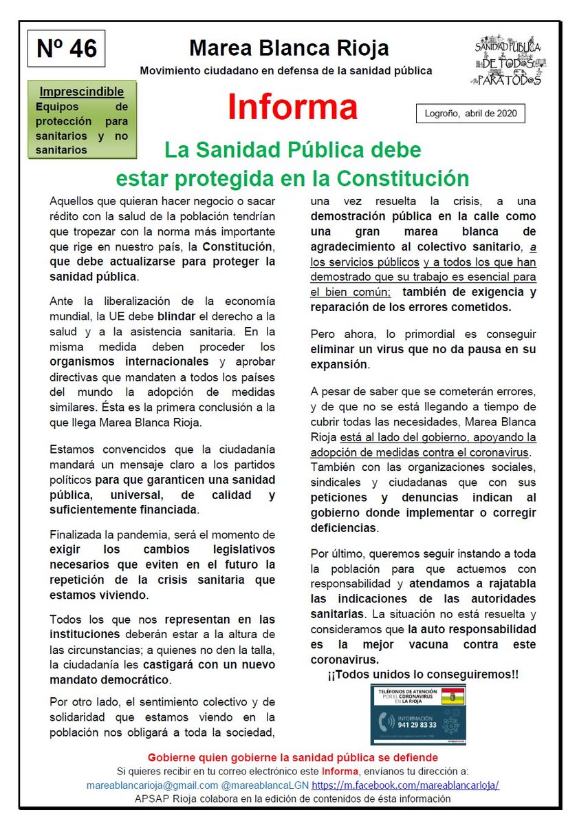 Tras esta crisis, una gran #MareaBlanca, de agradecimiento al colectivo de la #SanidadPública, a los SSPP, y a todos l@s profesionales que han demostrado q su trabajo es esencial para el bien común, para l@s q están en sus casas... #JuntosLoVamosAConseguir #AplausoSanitario 👏👏