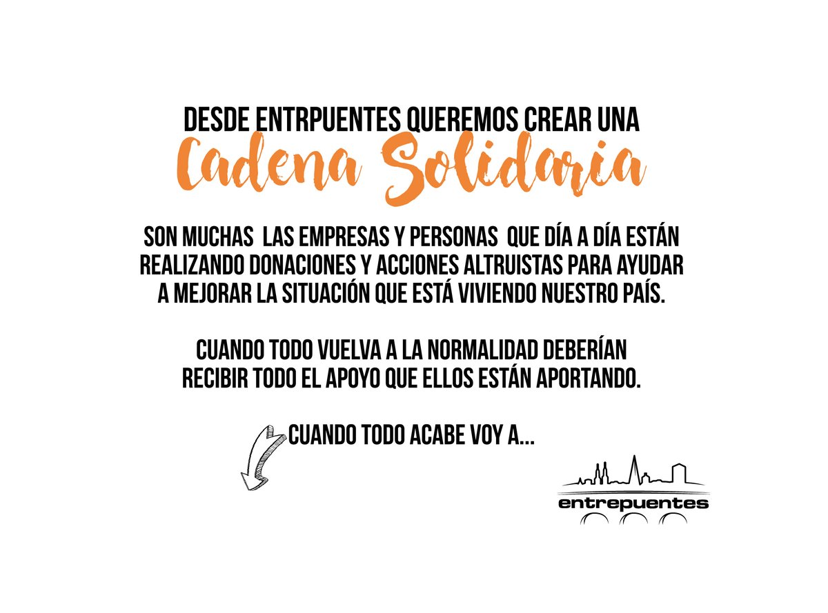 entrepuentes's tweet photo. ➡️Cuando todo pase voy a: comprar una máscara de buceo en @DecathlonES  , zapatos de Arnedo, comprar en @ZARA y @Mango, comer en uno de los restaurantes de carretera que sirve gratis a los camioneros. ¿Y tú que vas a hacer?
#CadenaSolidaria #EntreTodos #entrepuentes #coronavirus https://t.co/jUFX8WpR0g