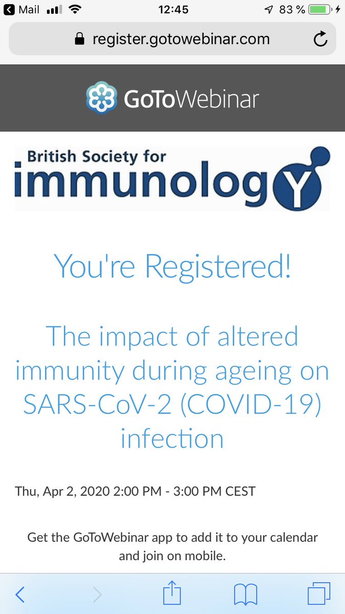 Registered for a webinar on ”The impact of altered immunity during ageing on SARS-CoV-2 (COVID-19) infection” hosted by the British Society of Immunology. Will be interesting.