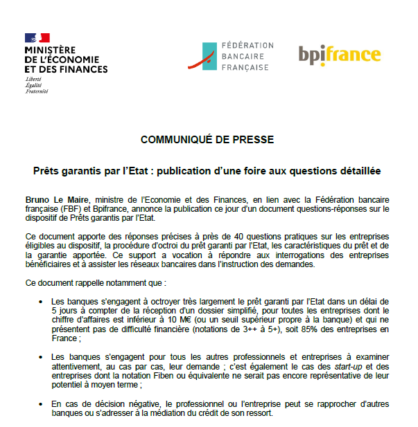 [Communiqué] Prêts garantis par l’Etat : publication d’une foire aux questions détaillée bit.ly/2wX5OVo Cc : <a href="/BrunoLeMaire/">Bruno Le Maire</a> <a href="/Bpifrance/">Bpifrance</a> <a href="/CPMEnationale/">CPME</a> <a href="/U2P_france/">U2P</a> <a href="/medef/">Mouvement des Entreprises de France</a> <a href="/GeoffroyRDB/">Geoffroy Roux de Bezieux</a> <a href="/AsselinFasselin/">François Asselin</a> <a href="/alaingriset/">Alain Griset</a> <a href="/f_lesache/">Fabrice Le Saché</a>