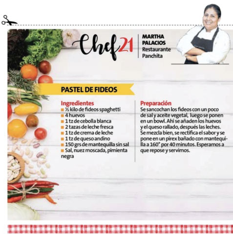 peru21noticias's tweet photo. Martha Palacios es nuestra #Chef21 y todos los días en la edición impresa encontrarás su receta.
El plato de hoy: Pastel de fideos 🇵🇪🍽️ https://t.co/icZ06EEknK