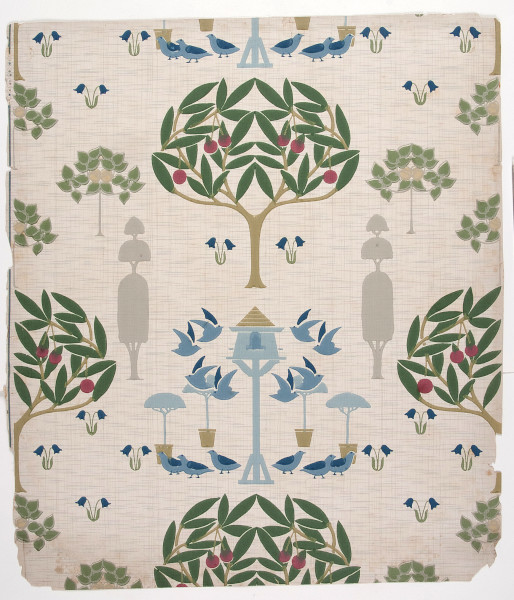 MoDAMuseum's tweet image. Happy #WallpaperWednesday! Today's wallpaper features stylised trees, fruit and birds, and was designed by Harry Silver of the #SilverStudio, c.1900. Although the Silver Studio produced highly original work, this design was influenced by Voysey's 'The Squire's Garden'
