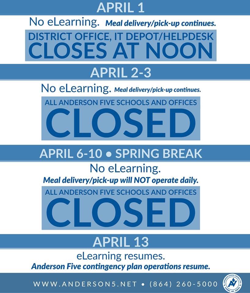 AndersonFive's tweet image. A5 will observe SB as scheduled, 4/6-4/10. No #a5eLearning during SB or 4/1-4/3! 🎉

D.O. &amp;amp; IT HelpDesk closes @ 12:00pm today. All schools, offices, services will remain CLOSED until 4/13. Details below. 👇🏼

Enjoy a relaxing, safe, healthy, and much deserved #SpringBreak! ☀️