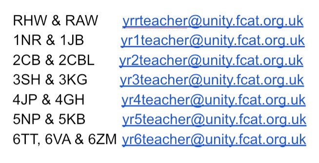 UnityPhase2's tweet image. If you need to contact your class teacher please email using the attached email addresses! Please contact us if you need help with anything. ☺️