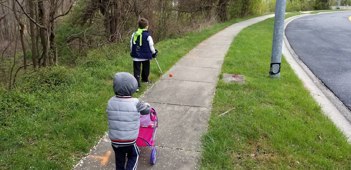 dewees44's tweet photo. My crew was getting a bit bored with our morning walk, so we had to incorporate some new items! Today we had our hockey gloves, stick and ball as well as a stroller with Rollie from Puppy Dog Pals and a monkey! Why Not?! https://t.co/S9vizAF1w5