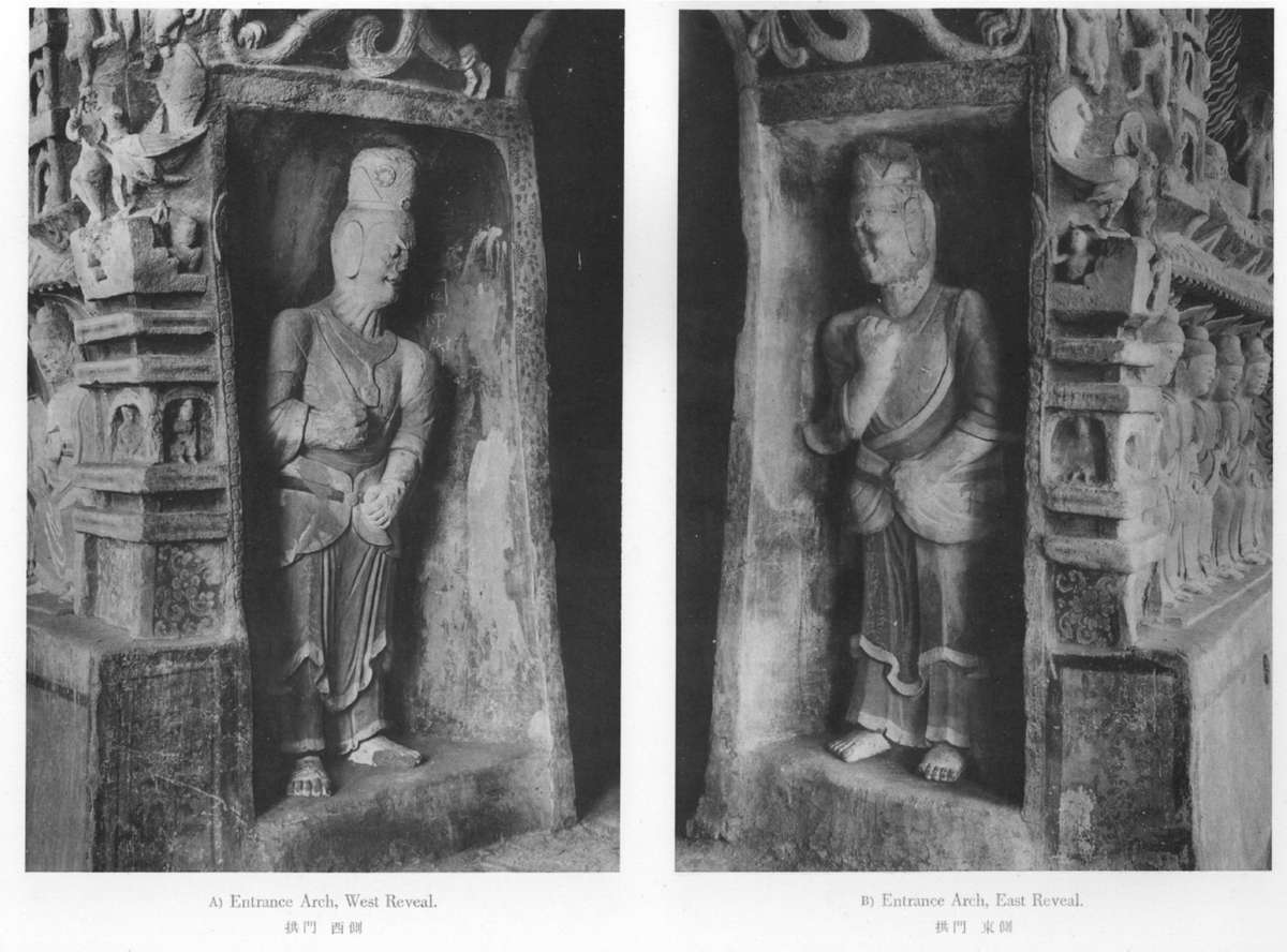 Similar threatening-looking warriors appear in the second half of the fifth century in the cave temples of Yungang - possibly showing that such figures had a broader use, possible as apotropaic figures, in the art of the time. (Cave 12 via Nagahiro & Mizuno 1951 v.9) 5/9