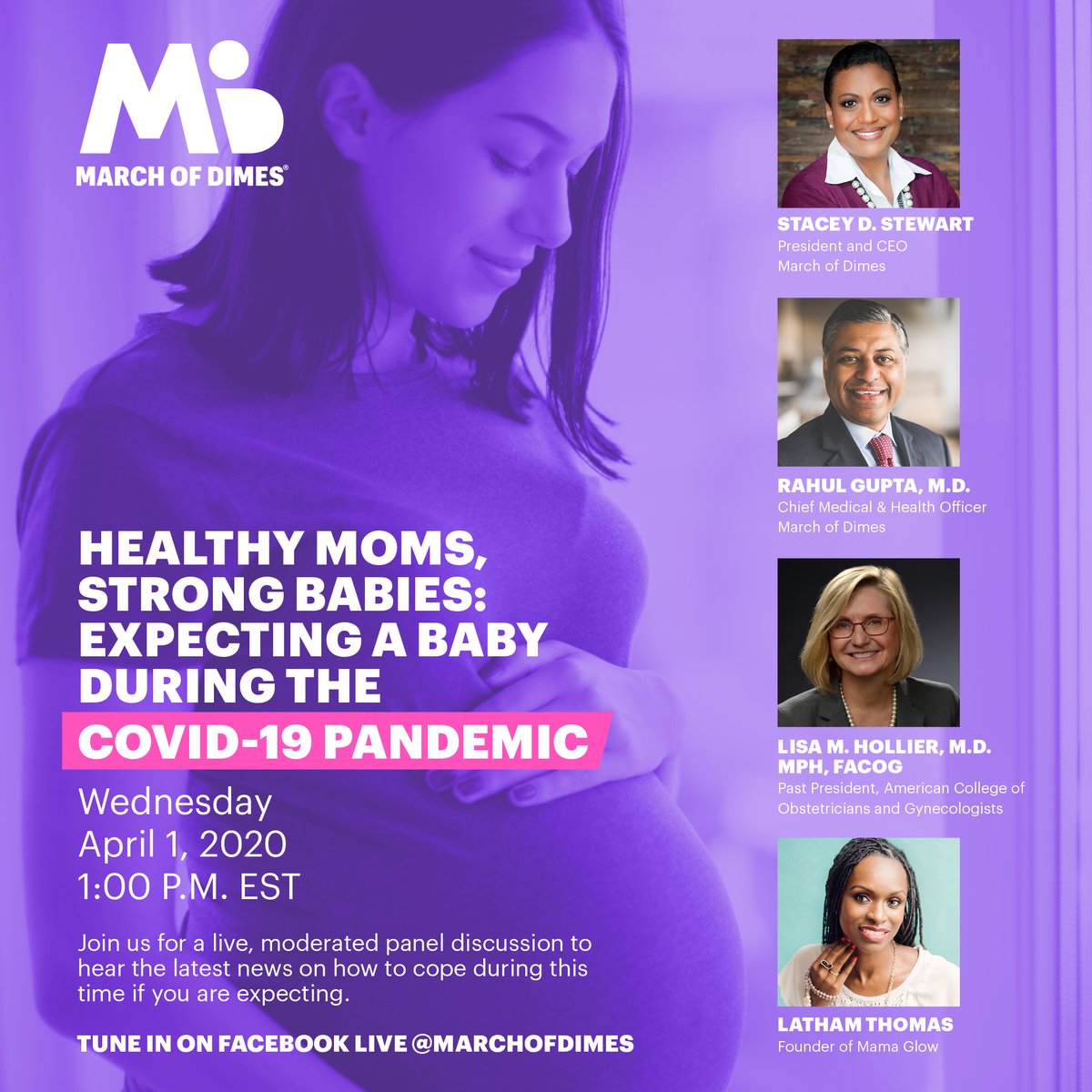 Don't forget to tune into <a href="/MarchofDimes/">March of Dimes</a> Facebook Live TODAY (April 1) at 1PM EST as March of Dimes President and CEO Stacey D. Stewart moderates an expert panel to discuss how to cope during the COVID-19 pandemic if you are expecting a child.