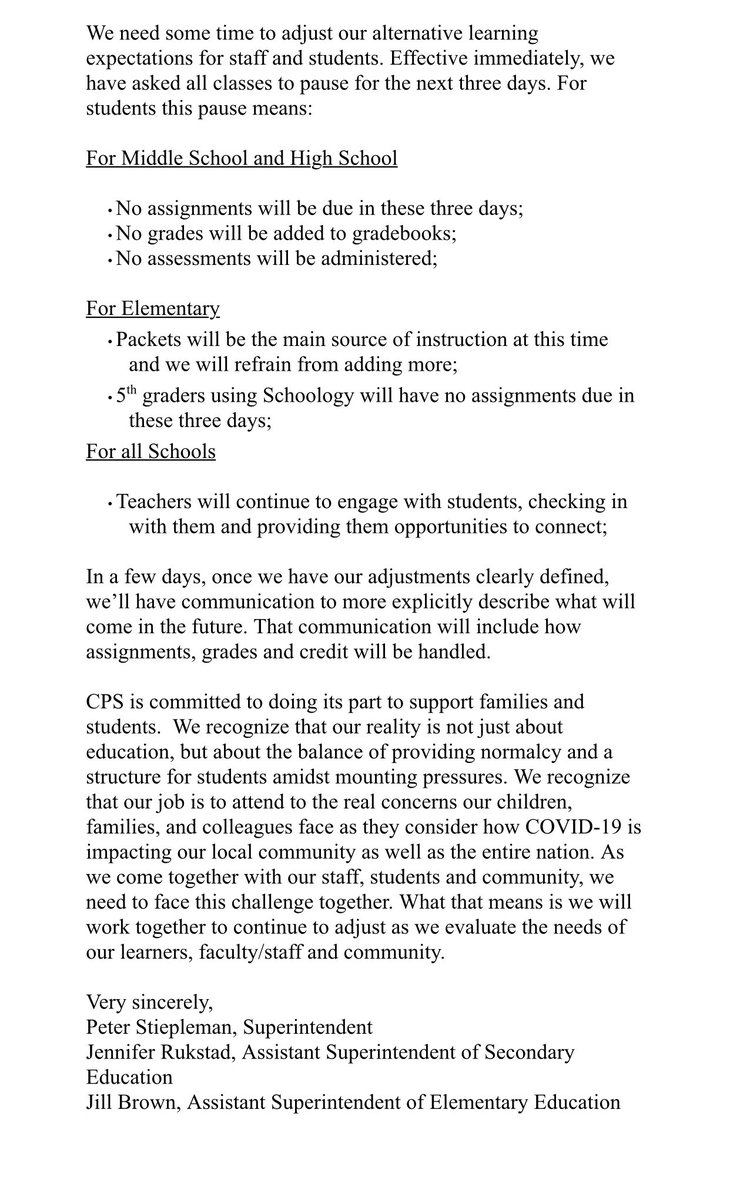 For the rest of the week, take a deep breath. There will be no tests, assignments due, grades, or deadlines for students. Learning continues, but without these stressers. We’ll communicate soon on how we’ll handle assignments, grades and credits moving forward. #CPSBest @PStieple