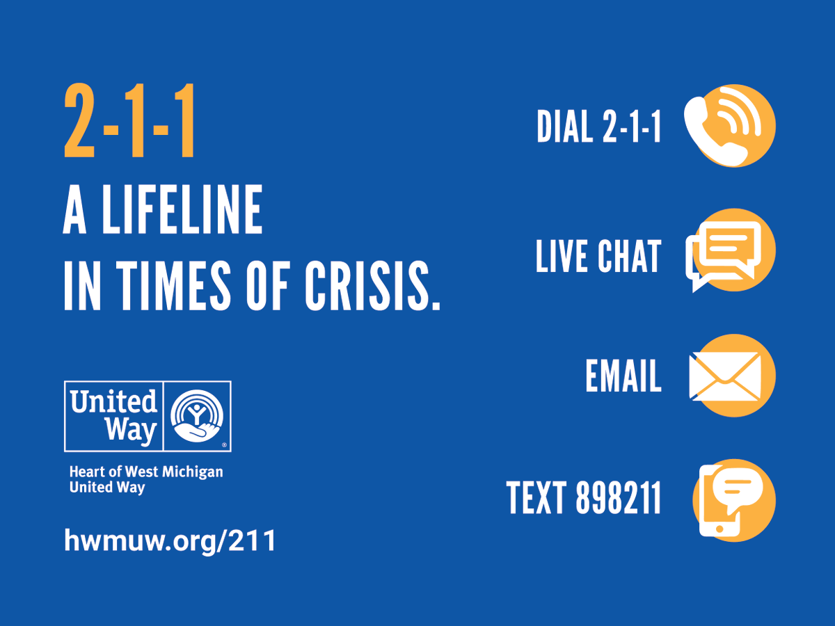 WellhouseGR's tweet photo. Struggling to afford food, rent, or childcare during COVID-19? 2-1-1 can help! Call, text, or email to get referrals to resources here in Kent County. Learn more: https://t.co/f8NAE9LM8n. @HWMUW #covid19 https://t.co/C9HyJTJhpk