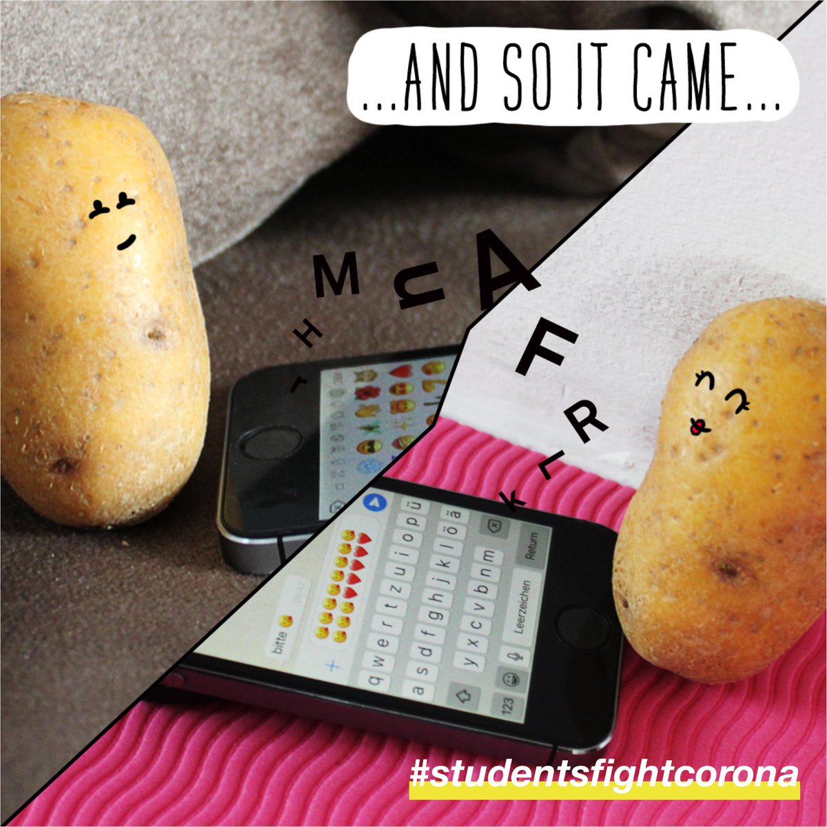 studentsXcorona's tweet photo. How’s your dating life going? 😏 Our Couch Potato had a romantic long distance date 🥔+🥔=❤️ If you want to know how the story continues, follow us. 🥰

#studentsfightcorona #tinder #coronadate #love #lovelife #dating #StayHome #comic #couchpotato #COVID19 #ToBeContinued https://t.co/90j5DS2uix