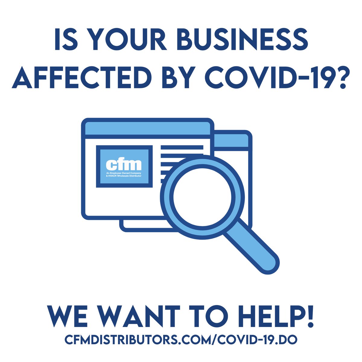 We’ve created a resource guide with links and information to many trusted outside resources.
⁣
cfmDistributors.com/COVID-19.do ⁣⁣⁣
⁣
📞 If there is anything we can do to help you, please reach out to us by phone 816-842-5400 or email at info@cfmkc.com. ⁣⁣⁣⁣⁣
⁣
#CARESAct #hvac