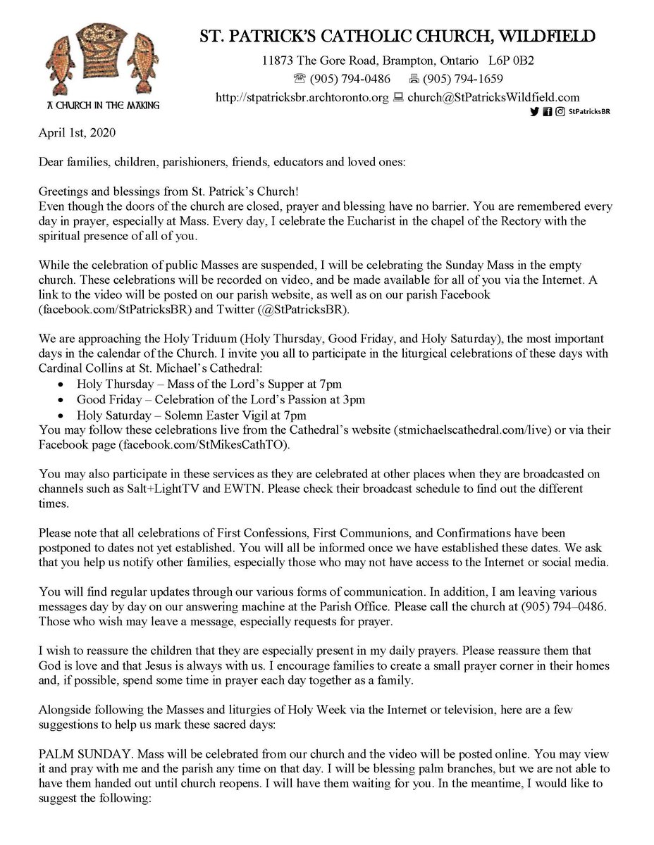 StPatricksBR's tweet photo. A letter from Father Vito to our school communities: staff. teachers, students, and families.

@stpatsDPCDSB @dpholyspirit @LourdesDPCDSB @Hawksat25 @McSpirittDPCDSB @CardinalAmbro https://t.co/stQrnU0Qi6