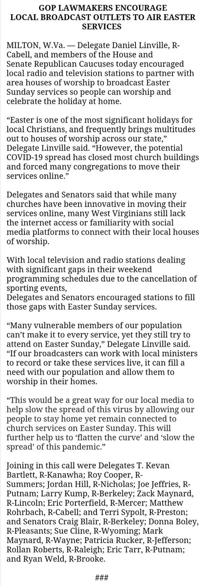 DelegateDaniel's tweet photo. We encourage radio and television stations to #BroadcastEaster to help #SlowtheSpread. So many Americans lack internet access or a familiarity with the online platforms churches are using for social distancing.
@realDonaldTrump will you join us in calling on the media to help? https://t.co/Vs9iEkuEmh