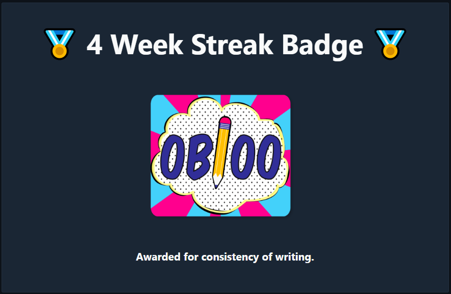 jethwa_smit's tweet photo. Got 4-week streak badge. 
Thank you @ThePracticalDev ✨

#30DaysofAoG :) https://t.co/oQ7X1G3VcK