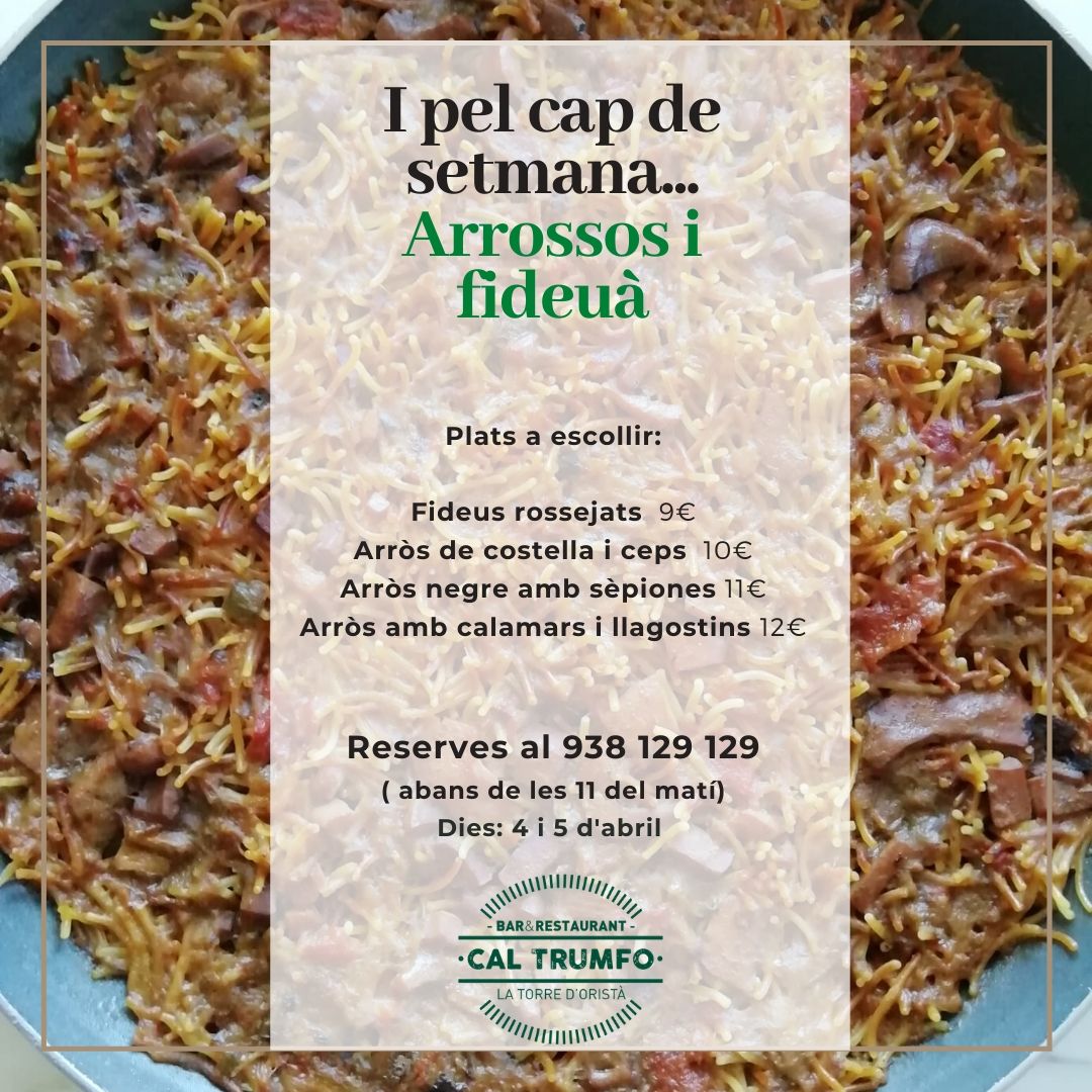 CalTrumfo's tweet photo. Aquest dissabte i diumenge us oferim 👉 arrossos i fideuà. 🥘 Pots escollir entre tots aquests plats que trobaràs a la imatge. Per realitzar les comandes truqueu al ☎️938 129 129 https://t.co/orKB1wIQJp #restaurant #latorredorista #lluçanès #caltrumfo #cuinemperatu #arrossos https://t.co/JOuRWVxmwU