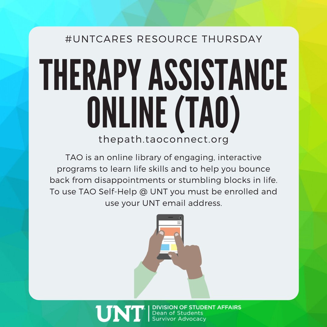 For each Thursday of Sexual Assault Awareness Month, we'll be connecting you to an online resource for your well-being. We're kicking it off with TAO. #SAAM #UNTCares #UNT #SurvivorAdvocate