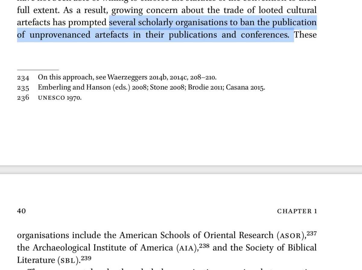 The author refers to the ethics policies of scholarly organizations, especially ASOR, several times -- in contradictory ways.Here he says they simply *banned* publication of unprovenanced artifacts, when there is no blanket ban (see below).