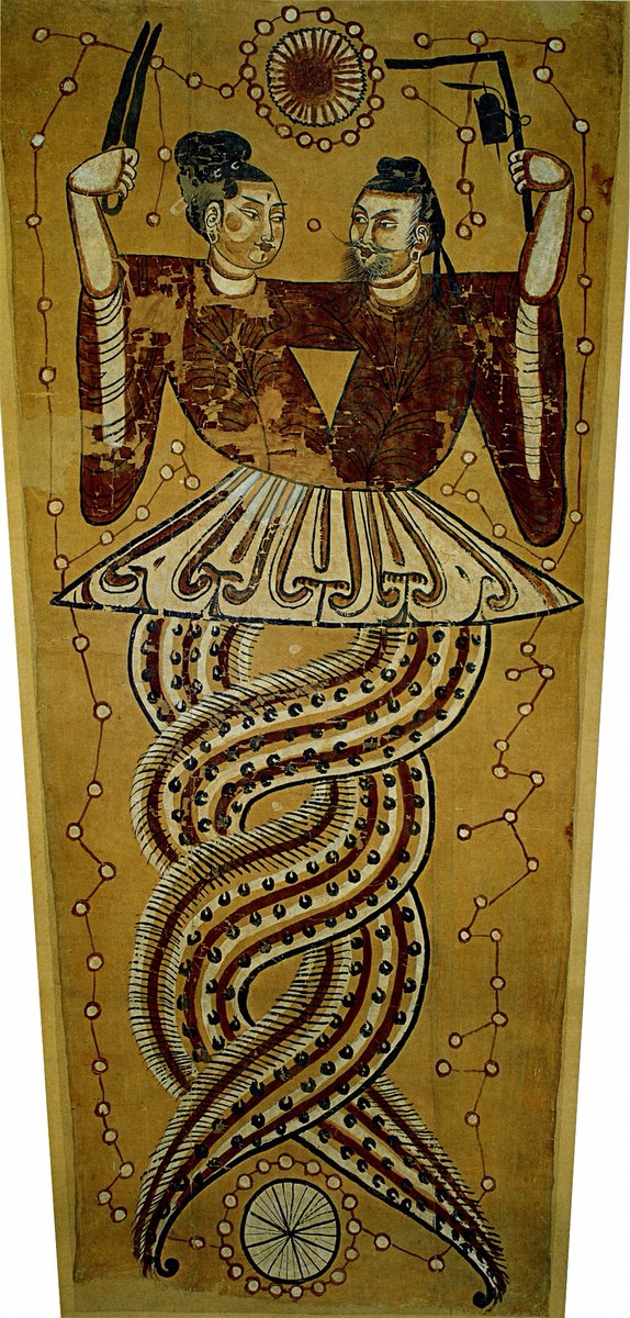 Fu Xi and Nü Wa are typically shown with lower body of snakes, tails intertwined, as we also see them in this later Tang funerary banner from Astana, Xinjiang. 7/9