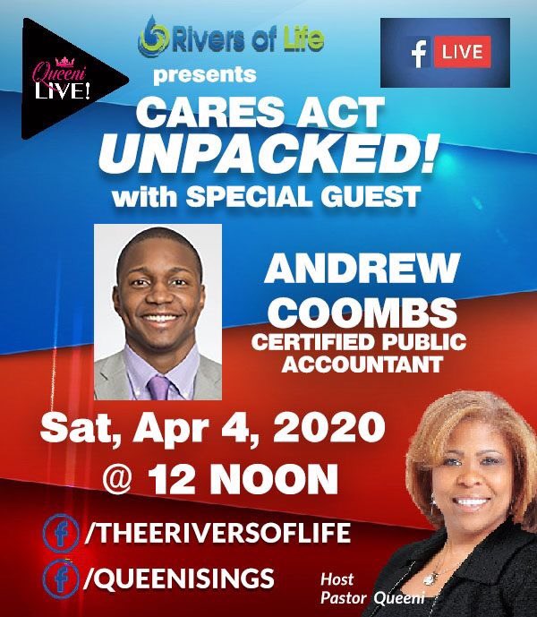 queenisings's tweet photo. CARES ACT UNPACKED - What does it mean for Small Businesses/churches/non-profits? Find out this Saturday with my Special Guest, Andrew Combs, CPA. Join me and get all your questions answered. (share, share, share, and be there) https://t.co/S4Jg00HcfU