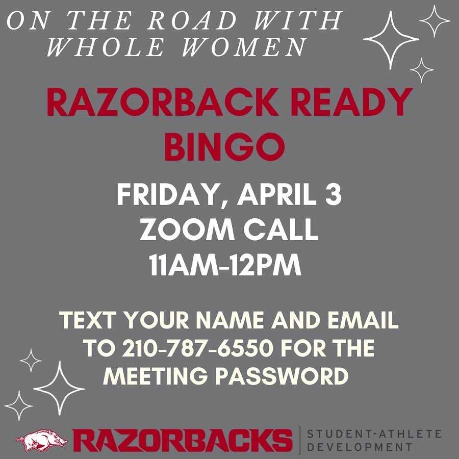 RazorbackSADev's tweet photo. Update: We are taking WHOLE Women on the road! Wherever you are located, join us online this Friday at 11am! 🌟 

Razorback Ready Bingo ☑️
Chick-Fil-A gift cards ☑️
Community &amp; Connecting with other female student-athletes ☑️

#WomenHelpingOthers 
#LeadAndEmpower 
#OneRazorback https://t.co/hmQhDLEO3V