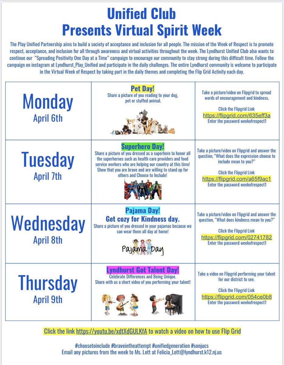 LyndhurstBOE's tweet photo. Unified Club Presents:

Virtual Spirit Week

@UnifiedPlay https://t.co/Qbdh1yUM8W