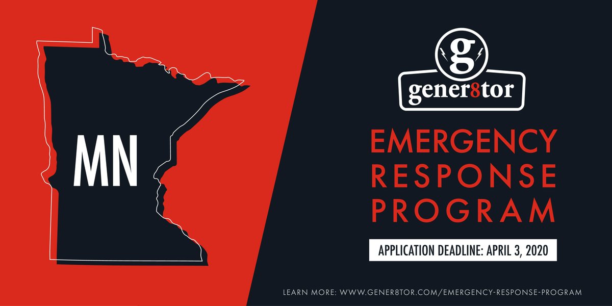 gener8tor's tweet photo. Minnesota small businesses, nonprofits, freelancers, startups and artists - sign up for our free Emergency Response Program: https://t.co/Y5HaNLigfg
-Week of webinars
-Virtual 1-on-1 consultations to navigate Federal and local loan and grant programs https://t.co/vwW6r8oLtm