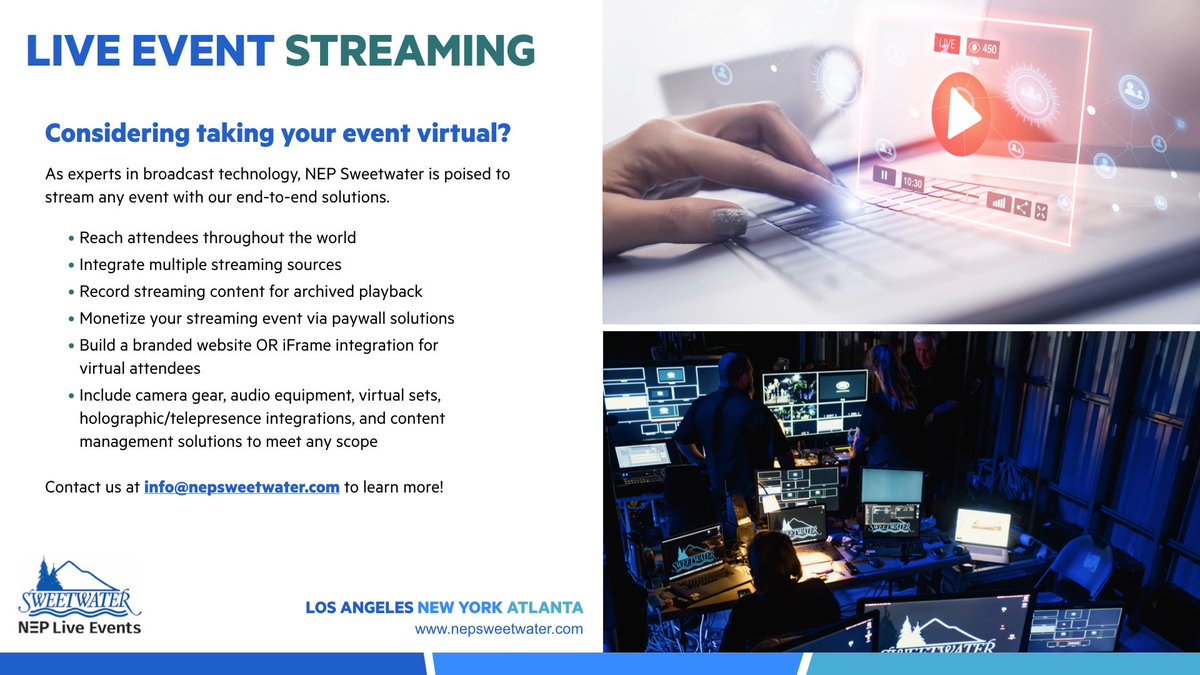 NEPGroupInc's tweet photo. Considering taking your event virtual📲? Our @NEP_Sweetwater team is another division that is offering alternative ways to host live events during COVID-19 with their end-to-end solutions. 
#VirtualEvents #OneTeam #LiveEventStreaming https://t.co/X5yPOo1xXR