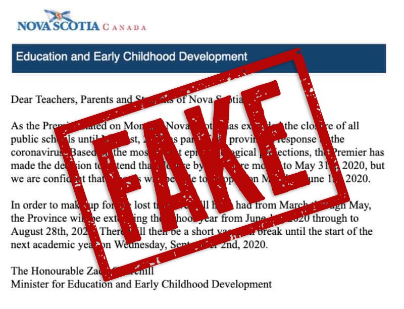 We have been made aware that the following FAKE statement is making its rounds on social media. This is NOT an official statement from the department. All public schools in Nova Scotia, at this time, are closed until at least May 1 (inclusive). (1/2)