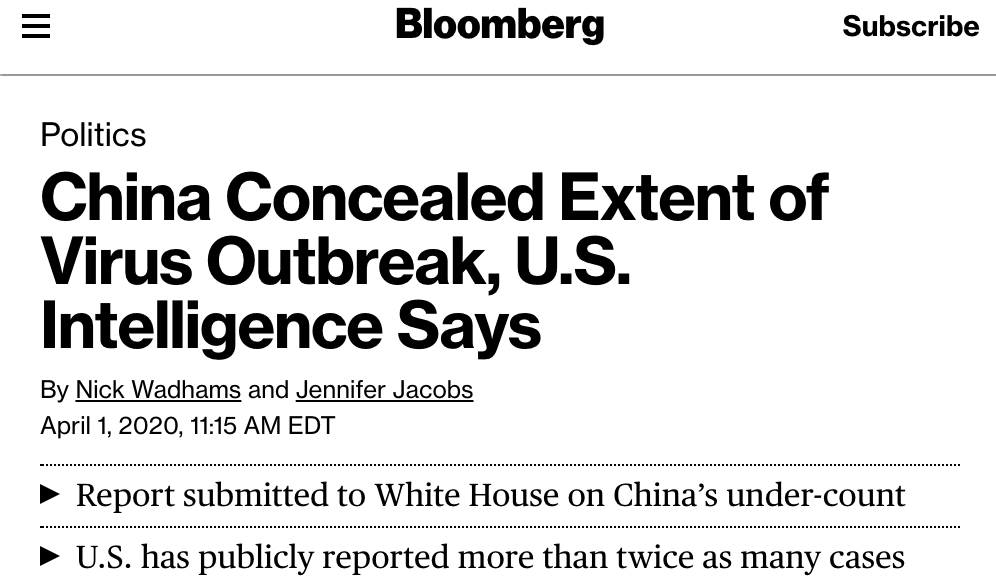 RFA's employers with the coordinated follow-up. Birx throws in some additional lies. Infectious disease epidemiologists, analyzing data from China, have been warning for some time about the transmissibility and severity of sars-cov-2.  https://www.bloomberg.com/news/articles/2020-04-01/china-concealed-extent-of-virus-outbreak-u-s-intelligence-says