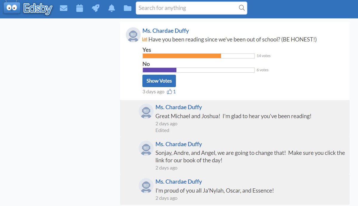Using the Poll feature in <a href="/Edsby/">Edsby</a> is a quick and easy way to check in with my students throughout the week.  It may be book trivia or checking in on reading habits 👀..either way I love to see their participation <a href="/hubofschool/">HCPS Library Media</a> <a href="/HCPSWoodsonPK8/">Dr Carter G Woodson PK-8 Leadership Academy</a> <a href="/UC_WoodsonMedia/">Carter G Woodson PK-8 Upper Campus Media Center</a> <a href="/Ovettwilson/">Ovett Wilson</a>