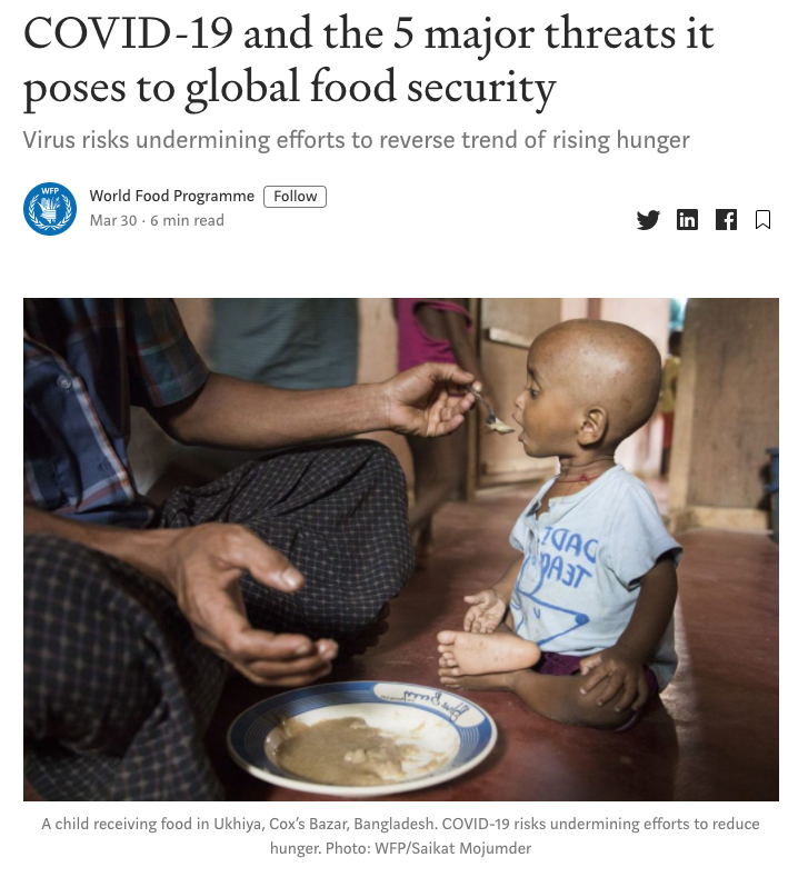 . @WFP  @WFPUSA have been sounding the alarm on  #COVID19 & global  #foodsecurity because it will disproportionately affect places with:1. Limited healthcare infr.2. No safety nets3. Malnourished people4. Reliance on food imports5. Pervasive poverty https://insight.wfp.org/covid-19-and-the-5-major-threats-it-poses-to-global-food-security-1c4da2ff6657