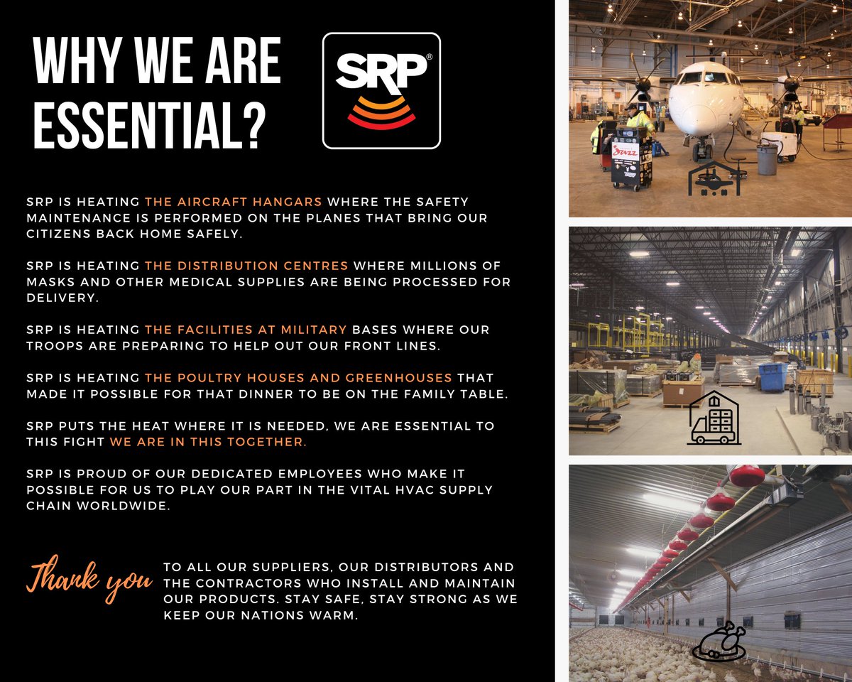 SRPHEAT's tweet photo. WHY WE ARE ESSENTIAL? 
SRP is proud of our dedicated employees who make it possible for us to play our part in the vital #HVAC supply chain #worldwide.
Thank you to all our suppliers, our distributors and the contractors who install and maintain our products. https://t.co/cyC0FRcSTJ