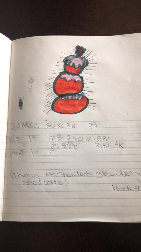 Kat_runz's tweet photo. It’s no joke, I have a birthday in a couple of days!   I asked my kindergarten @SouthRidgeTVDSB students to write in their journal what kind of cake would I like and how many candles will be on top of my cake.  They did not disappoint!   #Kindergarten #amazingstudents https://t.co/t7x002mV52